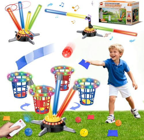 Vatos Jeu de Lancer 3 en 1 Sacs et Anneaux, Sauts Musicaux pour Enfants, Base Tournante Électrique avec Télécommande, Lumières, Jeu de Sport Intérieur/Extérieur pour Jardin pour Filles et Garçons 3+