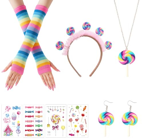 DvBCNMe 8 Stück Lollipop Kostüm, Candy Kostüm Damen, Candy Kostüm mit Tattoos, Halskette, Ohrringen, Stirnband und Handschuhen, Perfekte Verkleidung für Karneval, Mottopartys und Rollenspi