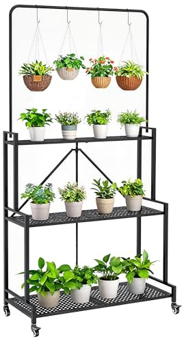 Outsunny Support pour Plantes à 3 Niveaux avec Roulettes 4 Crochets Noir
