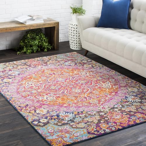 Livabliss Bechar Vintage Rug - Area Rugs Living Room 160x220 cm, Dining Floor, Kitchen, Traditional Multicoloured Boho Style, Easy Care Pile, Bohemian Large Rug, Orange, Burgundy, Navy, Purple