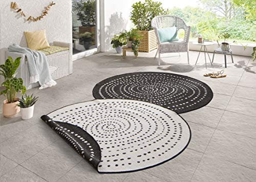NORTHRUGS In- und Outdoor Teppich Bali Rund ⌀140cm - Wendeteppich Wetterfest Modernes Punkte Design Läufer für Balkon Terrasse Garten Wintergarten Wohnzimmerteppich Wasserfest in Schwarz Creme