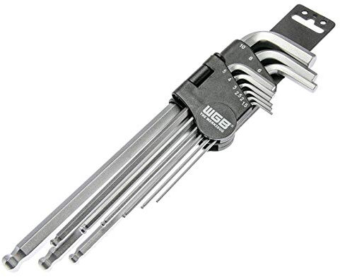 Innensechskant Stiftschlüsselsatz mit Kugelkopf | 9 teiliges Set Winkelschlüssel 1,5/2 / 2,5/3 / 4/5 / 6/8 / 10 mm aus Profi Stahl in kompakten Halter | Geeignet für Fahrrad | WGB Das Werkzeug