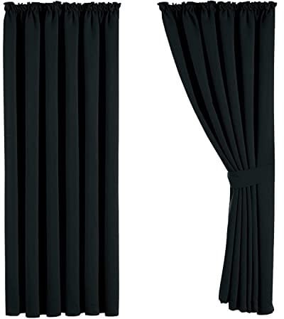 Aspire Homeware Pencil Pleat Blackout Curtains for Bedroom - Black Living Room Curtains 90x72 inch Drop Super Soft Thermal Insulated Black Out Kitchen Curtain Pair Panel + Tie Backs