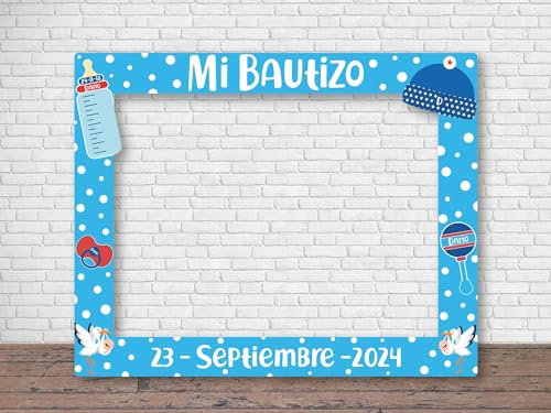 Oedim Photocall Mi Bautizo Azul Personalizado + Atrezzos, 100x80cm, Eventos o Celebraciones puntuales, Ventana y Atrezzos Troqueladas, Photocall Divertido