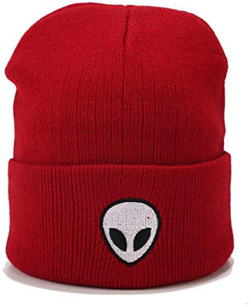 Joylife Alien bestickte Beanie-Mütze mit Bündchen, grafische Strickmütze, doppellagig, Winteruhr, Hüte für Damen und Herren, Rot/Ausflug, einfarbig (Getaway Solids), Einheitsgröße/L