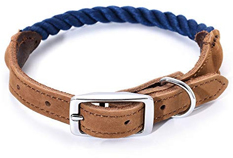 Mile High Life Collier pour Chien en Corde de Coton Qualité Supérieure avec Acier Inoxydable Boucle Ardillon Collier en Cuir Véritable(M, Marine)