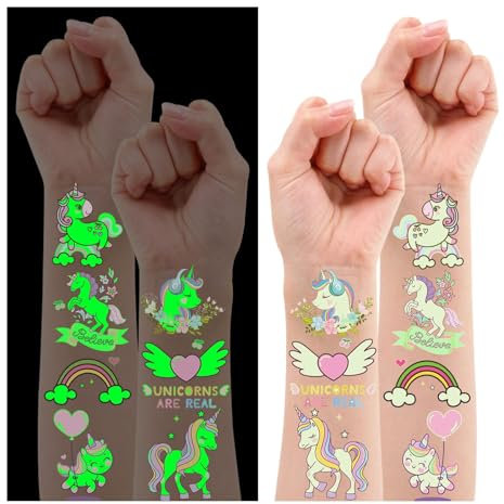 Leesgel Einhorn Tattoo Mädchen, 34 Stück Leuchtende Kindertattoos Aufkleber Einhorn Geschenke für Mädchen, Geschenk Mädchen Mitgebsel Kindergeburtstag Geburtstagsdeko Einschulung Mädchen