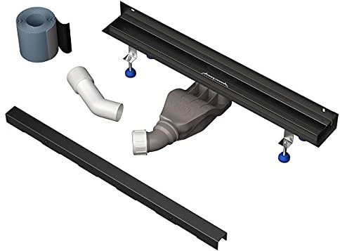 Aquabad Edelstahl Duschrinne mit Wandaufkantung - Slim Wall Schwarz Matt, Länge 60 cm, Komplett Set inkl. Abdeckung Bord, Siphon und Haarsieb