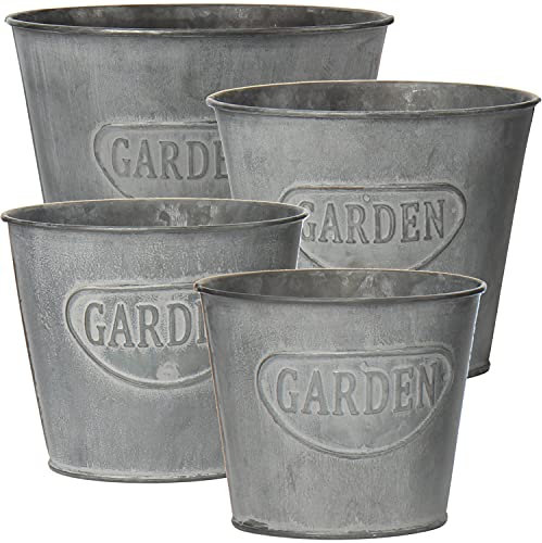 Oairse Lot de 4 pots de fleurs d'extérieur galvanisés en métal - Pot de fleurs vintage en zinc rond - Pot de fleurs rustique pour plantes ou décoration d'intérieur moderne