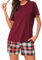 Uniexcosm Pyjama Femme Coton Court Ensembles de Femme Ete Carreaux Col Rond Manches Courtes Pyjama pour Femme Short avec Poches Latérales Vin Rouge XXL