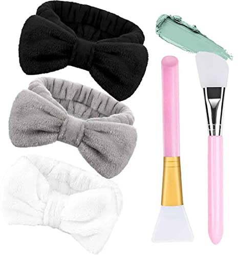 Makeup Haarband, FUKPO 3 Stück Damen Kosmetik Haarband Bowknot Stirnband mit 2 Silikonpinsel Maskenpinsel Gesicht, Haarbänder Schleife Elastisch Spa Haarreif für Gesichtsreinigung Schönheit Yoga