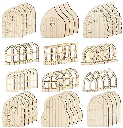 perfk 48 Pcs Unpainted Wooden Fairy Door, Mini Blank Garden Door Window Wooden Pieces Wood Hollow Out Wood Door Window for Miniature crafts, Retro