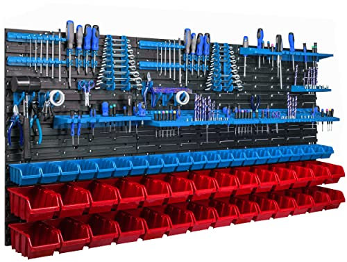Lagersystem Wandregal 173x78cm, Werkzeughalterungen, 50 stck. Stapelboxen Schüttenregal Sichtlagerkästen, Extra Starke Wandplatten, Regal Erweiterbar, Werkstattregal Lagerregal Werkstattwandregal