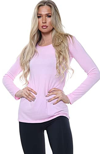 AA ESSENTAILS Women Ladies Long Sleeve Round Neck Plain Top Stretchy Casual Summer T-Shirts Basic Slim fit Tee Tops (Baby Pink, 12-14), (ZJ-88487)