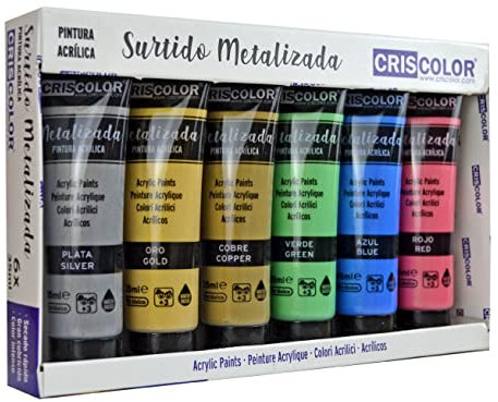 Criscolor - Surtido Pintura Acrílica Metalizada - PACK 6x35ml - Para trabajo artístico y manualidades – Para Principiantes, Estudiantes y Artistas profesionales. (Metalizada 6x35 ml)
