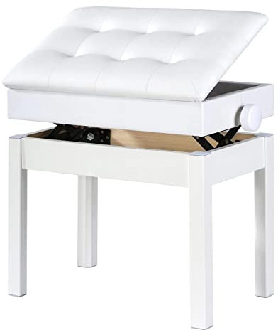 Piano Stool with Storage Piano Stool Adjustable Height Solid Wood Legs and Storage PU Leather Cushion (White)