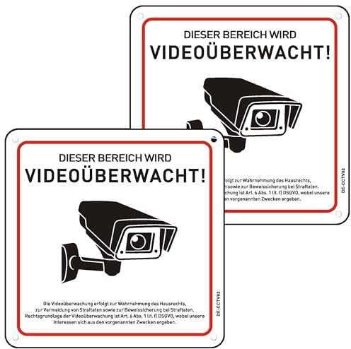 Schild Videoüberwachung mit DSGVO Hinweis, 15x15cm Reflektierendes Aluminium Videoüberwachung Schild mit Selbstklebend, Schild Kameraüberwachung Metall, Dieser Bereich Wird Videoüberwacht Schild 2st