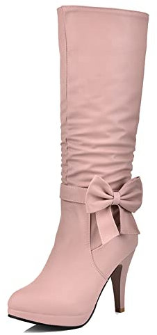 MJIASIAWA Donna Sposa Knee Tacco A Spillo Stivali Arricciati Con Bows Punta Rotonda Inverno Festa Warm Heel Plateau Stivali Equitazione Rosa Numero 34 Eu
