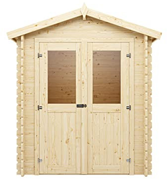 Woodtex Holz Gerätehaus Mini 2 B | Gartenhaus | Wandstärke 28 mm | Blockbohlenbauweise | Naturbelassen | Satteldach | BxTx H: 180 x 180 x 214,5 cm | Inkl. Doppelflügeltür mit Echtglas | Ohne Fußboden