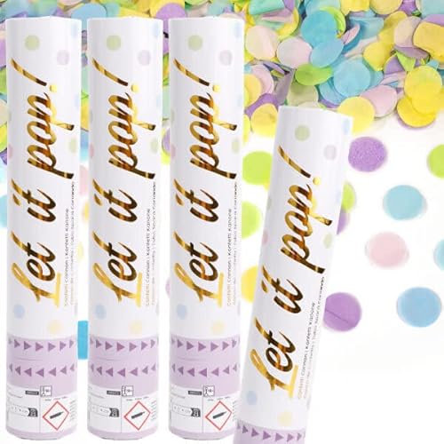 4 x Konfetti-Kanonen für einen Konfetti-Regen | 2-3m Effekthöhe, 28cm Party Popper mit Folien- und Papierkonfetti | Konfettikanone Hochzeit Geburtstag, Edition: Konfettikanone Bunt Pastell