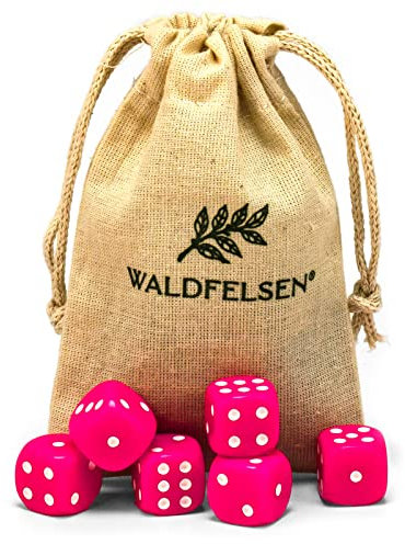 Waldfelsen 6, 12, 20, 30 oder 50 hochqualitative Würfel Standardgröße 16 mm Acrylwürfel Knobel Spielwürfel Dice 6-seitig sechsseitig Spielzubehör Set mit Stoffbeutel (Pink, 6 Stück)