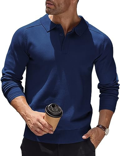 COOFANDY Mens Polo Jumper Sweatshirt Fine Knit Pullover Long Sleeved Polo Tops Casual Smart Regular Fit Winter Jumper Thermal Basic Solid Color Navy Blue L