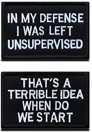 2 Pcs In My Defense I was Left Unsupervised &That's a Terrible Idea When Do We Start Fun Patch Gestickt Taktische Militär Moral Appliques Emblem für Biker Rucksack Kleidung