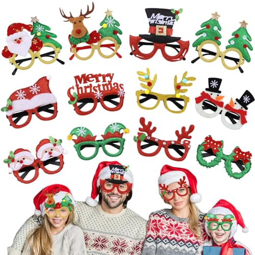 Itoyx Weihnachtsbrillen,12 Stück Partybrillen Set fotobox weihnachtsassesoires weihnachten brille weihnachtsmützen weihnachtsverkleidungen Kinder Partybrillen Lustige Brille für Partydekoration (001)
