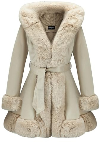 GRAN ORIENTE Wildlederjacke für Damen mit Kunstfellkragen, langärmelig, warm, Winter-Parka, Mantel mit Gürtel, Oberbekleidung | Wildlederjacke, schwarzer Pelzmantel, Kunstfellmantel, lang und mittellang, mit Gürtel, mit Kapuze, Oberbekleidung, Parka