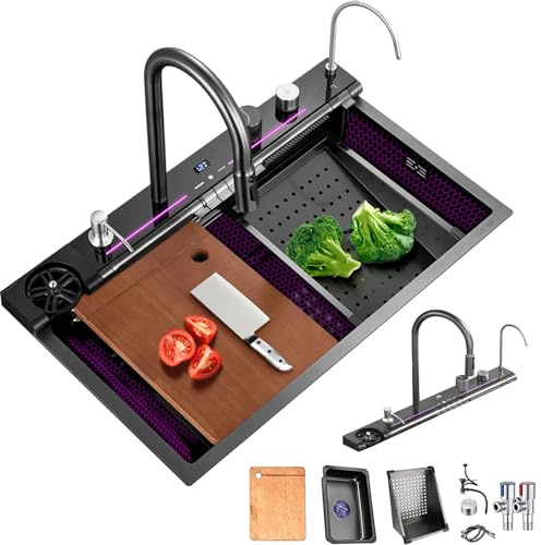 Küchenspüle mit Digitalanzeige, geprägt, große Einzelnut-Edelstahl-Smart-Workstation-Küchenspüle mit Druckspüler und zwei Wasserfällen (NEW JY, 75×45×22CM)
