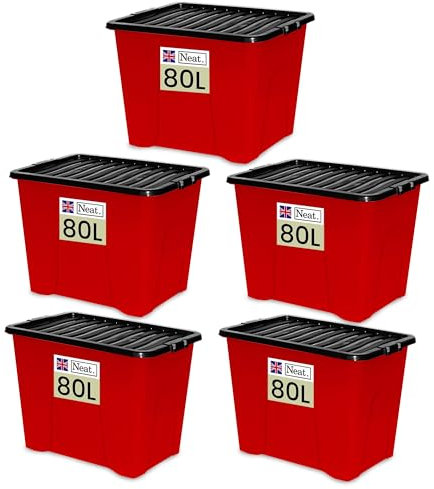 Neat. 80L Storage Boxes with Lids - Red Base & Black Clip Lid Ideal for Home Organisation, Durable, Space-Saving Plastic Box with Lid Storage Solutions Great for Bedroom, Garage & Office Use Pack of 5
