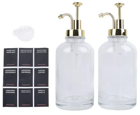 Erleben Sie 2 Stück Kaffee-Sirup-Spender, Trichter, Transparentes Zubehör, 500-ml-Sirup-Flaschenspender mit 9 Etiketten, Glas-Lebensmittelspender