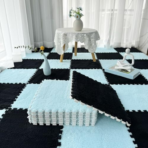 Großflächige Ineinandergreifende Teppichfliesen, Plüsch-Puzzle-Schaum-Bodenmatte, Weiche Teppiche, Spielmatte, Zuhause, 200 Stück(Size:0.23 inch,Color:Schwarz+Hellblau)