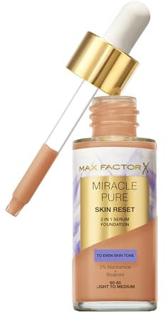 Max Factor Miracle Pure Skin Reset Serum Foundation 60-80 Light to Medium, 2-in-1 Serum Formula, Healthy Looking Skin, Medium Coverage, Satin Matte Finish, 2% Niacinamide, Dermatologically Tested
