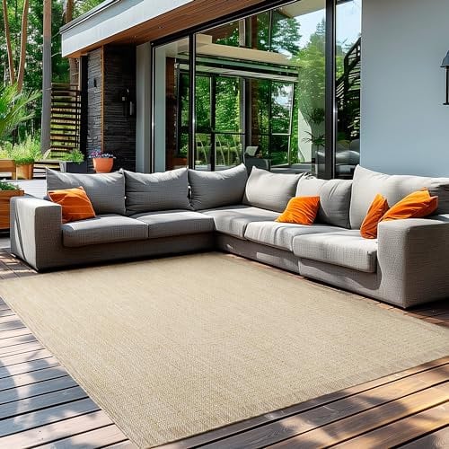 Teppium Modern Outdoor Teppich Wetterfest 200x300 (200 x 290 cm) Beige- Flachgewebe Sisaloptik Balkon Teppich Wasserfest - Waschbarer Teppich für Garten, Terrasse, Camping und Küche
