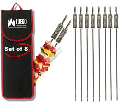 FUEGO Spieße zum Grillen | Flache Grillspieße mit Schieber | Edelstahl | Spülmaschinenfest | 8er Set (groß)