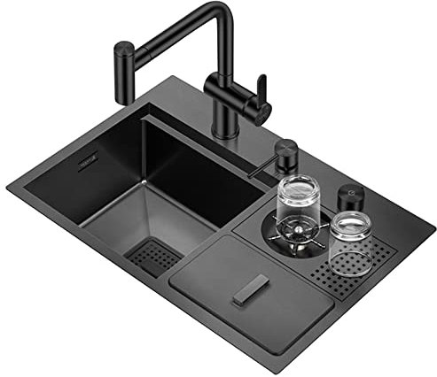 Lavello sottopiano per postazione di lavoro Lavello da cucina Lavello con pattumiera Bancone bar Lavatrice in vetro Lavello Acciaio inossidabile Nero Nano Lavello singolo Scarico di controll