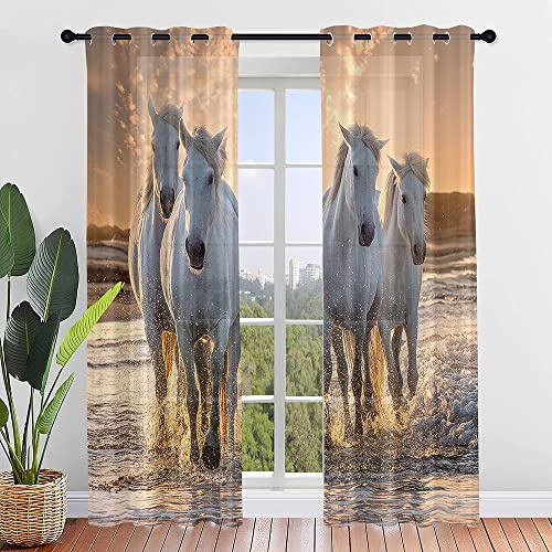 Surwin Gardinen mit Ösen, 2er Set Vorhänge, Fantasievolles Weißes Pferd Modern Transparent Vorhänge Wohnzimmer Polyester Gardinen Küche Fenster Wohnzimmer Schlafzimmer (132x213cm,H)