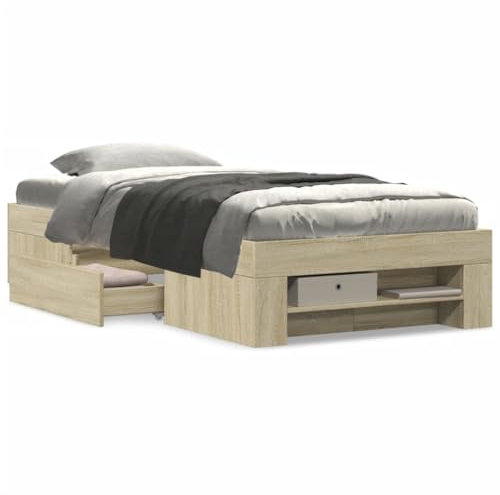 vidaXL Bed Frame with Drawers & Compartments - Sonoma Oak 90x200 cm Single Engineered Wood - Bedroom Storage Solution
