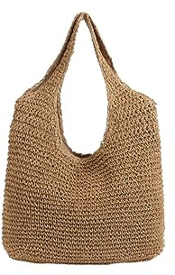 QiaoJun Korbtasche,Korbtaschen Damen Gemüsekorb Gras Tasche Rebe Tasche Handgemachte Gewebte Kräutertasche Schulter Hand Hair Bag(Khaki)