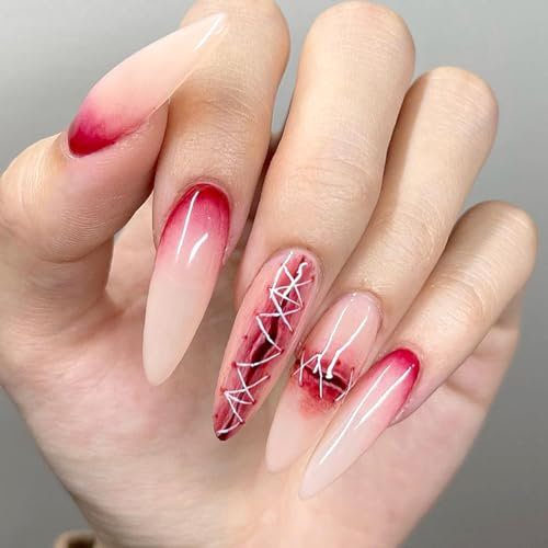 DeryArcle 24 Stück Nägel zum Aufkleben Lang Halloween Tip Glitzer Rosa Künstliche Nägel Natural Kunstnägel Press on Nails 3D-Effekt Fingernägel Fake Nails für Frauen Mädchen