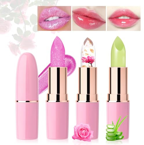 Desing Wish 3 Pièces Rouge a Levre Rose Pailleté Fleurs Aloe Vera Lot Magique Change Couleur Jelly Lipstick Rouge Levre Mat Longue Tenue Baume a Levre Teinté Brillant à Lèvres Maquillage Femme Cadeau