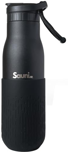 Sauni 500ml Insulated Water Bottle – Stainless Steel Gym & Sauna Bottle with Straw Lid – Cold for 24h, BPA-Free, Heat-Resistant Grip, Leakproof Sports Flask – Black