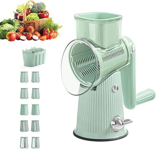 Rallador rotatorio 5 en 1, rallador rotatorio de queso con mango, cortador de verduras y queso con 5 juegos de cuchillas y caja fácil de limpiar, base de ventosa fuerte