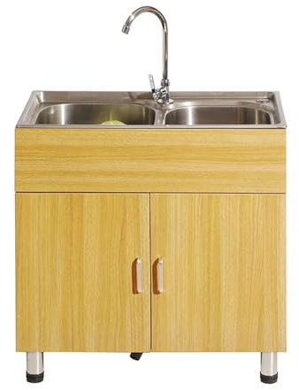 Freistehende Edelstahl Spültisch Gastro 2 Becken, Spülenschrank mit Spüle und Armatur, Multifunktions Waschtisch, für Garage/Restaurant/Hinterhof/Küche(Wood grain)