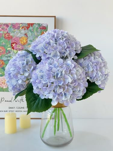 YalzoneMet 4Pcs Light Purple Silk Hydrangea Artificial Flower Lifelike Big Blooms 20'' Long Stem Faux Hydrangea Flower Bouquets for Home Party Indoor Outdoor Wedding Table Centerpiece Decor