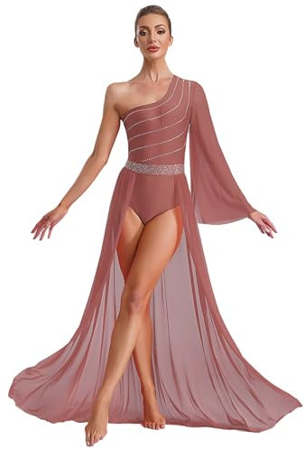 Jhaoyu Abito da ballo da donna con glitter e strass, a maniche lunghe, con gonna lunga, rosa antico, M