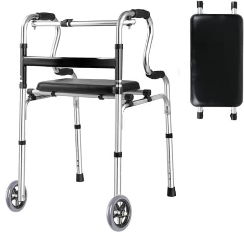 Hanured Déambulateur pour personnes âgées, Pliable Cadres de Marche et Déambulateurs avec 2 Roues, Hauteur Réglable Cadre de Marche en Alliage d'aluminium
