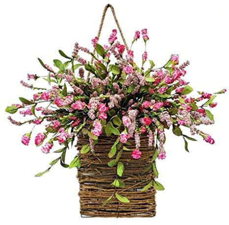 Spring Door Wreath Basket, 40x25cm Artificial Berry Wildflower Hanging Basket Wreath for Front Door, Spring Hanging Welcome Sign Ornament for Wall Window Door