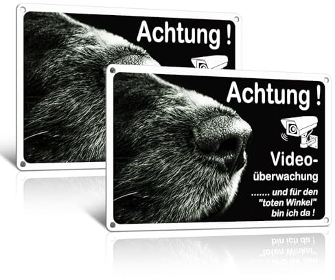 Lot de 2 panneaux d'avertissement pour chien en aluminium avec surveillance vidéo - 30 x 20 cm - Amusant - Facile à monter - Pour l'extérieur - Protection UV - Étanche - Noir Goodvia
